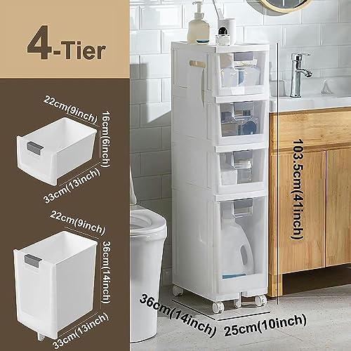 OPSREY Bathroom Floor Cabinet with Drawers Narrow Tall Floor Storage Drawer Cart with Clear Storage Drawers and Casters Large Capacity Slim Toile