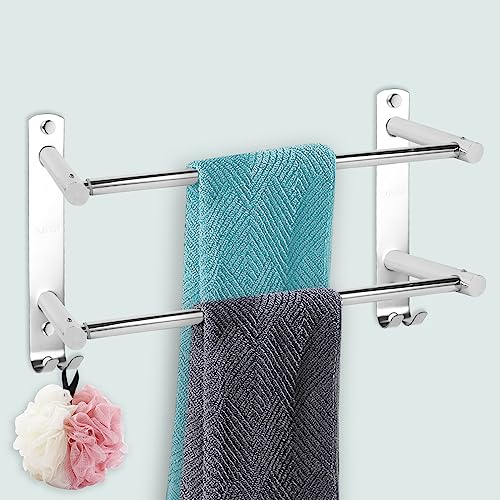 Stainless Steel Towel Shelf, Towel Rail Wall Mounted 38-70cm, Self Adhesive Double Towel Rail, Bath Towel Rail Self Adhesive with 2 Hooks for Bat