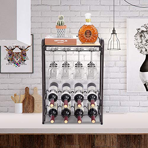KINGRACK 8 Bottle Wine Rack with Glasses Holder and Table Top - 4 Tier Free Standing Metal Wine Shelf for Kitchen, Wine Cellar, Bar, and Countert