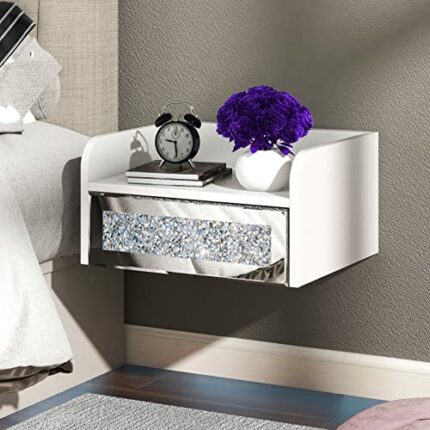 blingworld Floating Mirror Nightstand,White Bedside Table,Small Night Stand,Modern End Table with Drawer,Silver with Mirror Drawer,Side Table Wal