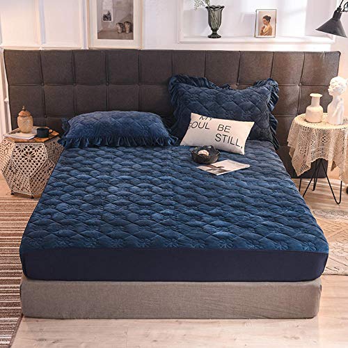 King Sheets Set,Thick Warm Winter Crystal Velvet Mattress Protection Cover, Bedroom Quilted Solid Color Non Slip Mattress Topper Bed Cover Dark B