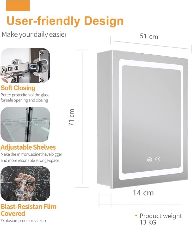 Janboe Illuminated Led Mirror Cabinet for Bathroom,Led Medicine Cabinet,Made of Stainless Steel,Wall Mounted Medicine Cabinet with Touch Swith, 3