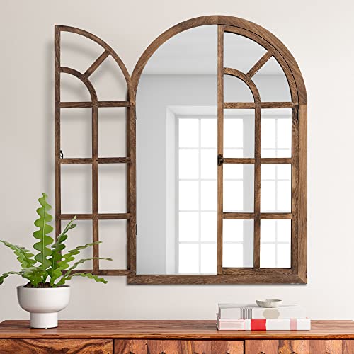 Natsukage 36"x24"Arched Mirror Wall Window Mirror Farmhouse Decorative Mirror for Wall Wood Windowpane Mirror Wall Decor for Living Room, Bathroo
