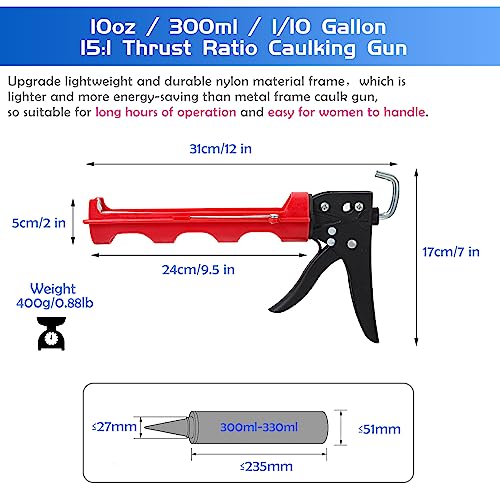 iLitLuk Drip-Free Caulking Gun Ratchet Rod Caulk Gun Applicator 15:1 Thrust Ratio Labor-Saving Lightweight Nylon Frame Cartridge Gun for 10oz/300