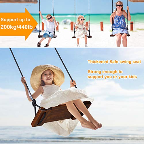 PELLOR Wooden Swing Seat Hanging Wood Tree Swings Sets Anticorrosive & 100% Waterproof Garden Swing for Adults & Kids Indoor & Outdoor(Brown)