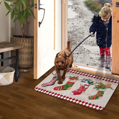 ASPMIZ Christmas Door Mat Outdoor, Christmas Stockings Area Rug Doormat Non Slip, Winter Absorbent Doormat Indoor Entrance, Low-Profile Door Rugs