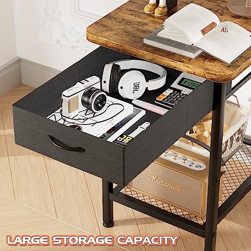 GYIIYUO Nightstand with Charging Station and Fabric Drawer, Side Table with Storage for Bedroom, Bedside Tables with Steel Frame - Rustic Brown