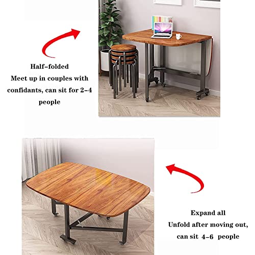 DISHENGZHEN Folding Dining Table, Drop Leaf Foldable Table, Wood Extendable Table Dining with 6 Wheels, Saving Space, Round Edge Design, Moveable