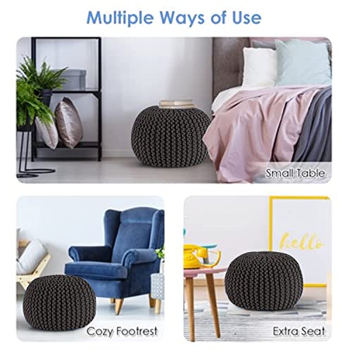 SweetNeedle - Hand Knitted Twisted Cable Style Round Dori Pouf, Floor Ottoman, Grey, Cotton Braid Cord - Handmade & Hand Stitched - Comfortable S