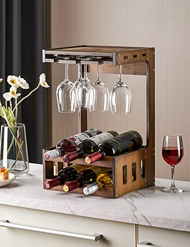 Wine Rack with Glass Holder, Countertop Wine Rack, Wooden Wine Holder Wall-mounted, Perfect for Home Decor & Kitchen Storage Rack (Hold 6 Bottles