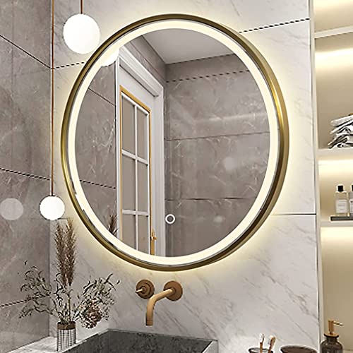 SkiPdr Bathroom mirror With Lights, LED Illuminated Bathroom Vanity Mirror, Metal Framed HD Round Wall Mirror, Size : 60cm 50cm(2 (Golden(white L