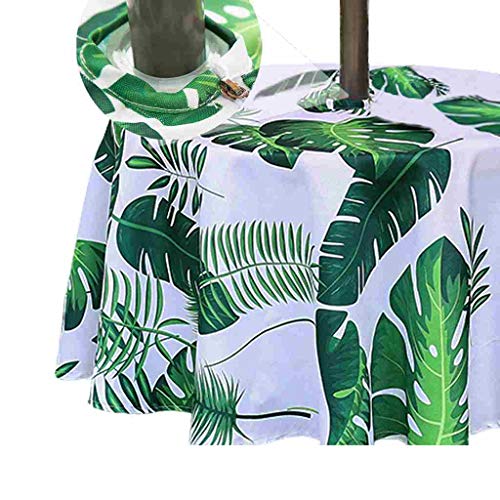 Eternal Beauty 152cm Round Palm Leaf Indoor Outdoor Splashproof Tablecloth with Umbrella Hole and Zipper for Patio Garden Party and BBQ (60")