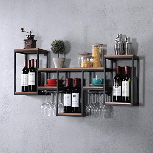 PIBM Retro Iron Wooden Wall-Mounted Wine Rack Creative Household Decor Shelf Wine Cabinet 106X42X20Cm J115