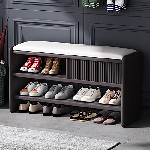 Modern Shoe Storage Bench,Wooden Entryway Bench with Leather Cushion,Upholstered Shoe Bench Shoe Cabinet Hallway Shoe Organizer Furniture-Brown-W