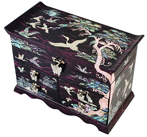 Mother of Pearl Crane Bird and Pine Tree Design Purple Wooden Jewellery Drawer Mirror Trinket Keepsake Treasure Gift Asian Lacquer Box Case Chest