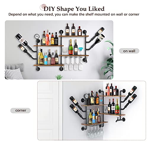 lukar 4 Tier Wall Wine Rack with 4 Stem Glass Holder, Hanging Industrial Pipe Shelving Wine Rack Wall Mounted, Floating Bar Liquor Shelves