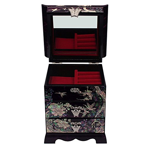 Mother of Pearl Crane Bird and Pine Tree Design Purple Wooden Jewellery Drawer Mirror Trinket Keepsake Treasure Gift Asian Lacquer Box Case Chest