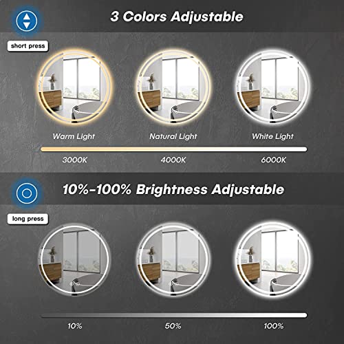 Dripex 600mm Round Bathroom Mirror with LED Light, Illuminated Wall Mounted Vanity Mirror with Demister, Anti-fog Large Circle Makeup Mirror, 3-C