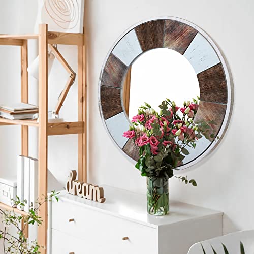 JJUUYOU Round Wall Mirror 19" Wooden Circular Mirror for Bathroom, Rustic Brown Vanity Mirror Wall Decor Wood Frame Make up Mirror for Living Roo