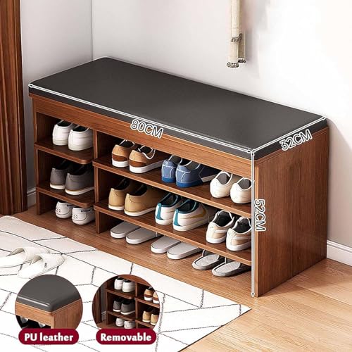 N/A Entryway Bench with PU Leather Cushion Shoe Rack Bench, 2 Tier Storage Shelf, Self-Assembly, for Small Space Entrance Bench with Shoe Storage