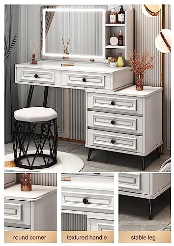 HAWEWE Vanity Desk With Mirror And Lights Makeup Vanity With 3 Lighting Colors Dressing Table With Open Shelves & Storage Drawers For Bedroom (Si