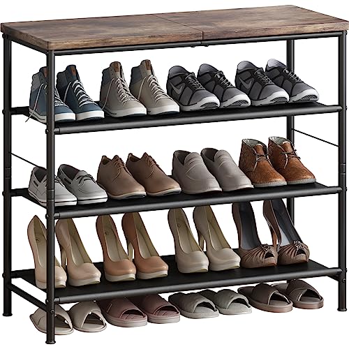 INGIORDAR Shoe Rack Organizer 4 Tier Metal Organizer Shelf with Industrial MDF Board and Layer Fabric for Entryway Closet Bedroom Living Room Gar