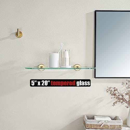 JQK Bathroom Glass Shelf Gold, Tempered Glass Shower Storage 20 by 5 inches, 304 Stainless Steel Brushed Gold Wall Mount, TGS121L20-BG