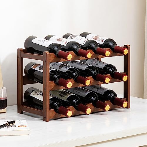 LASIEYO Wooden Wine Rack, 3 Tiers 12 Bottle Free Standing Wine Storage Holder, Retro Minimalist Style Home Decorations Wine Display Shelves for H