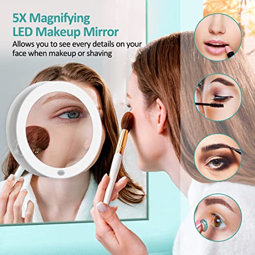 EMKE Magnifying Vanity Mirror with LED Light - 5X Portable Illuminated Travel Makeup Mirror, Bathroom Shaving Mirror with Natural Daylight, Butto