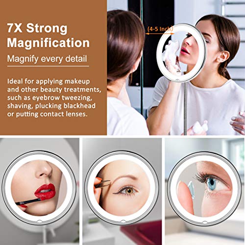 KEDSUM Flexible Gooseneck 6.8" 7x Magnifying LED Lighted Makeup Mirror,Bathroom Vanity Mirror with Strong Suction Cup, 360 Degree Swivel,Daylight