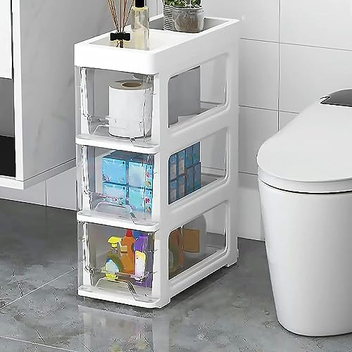 OPSREY Bathroom Floor Cabinet Storage Cabinet, 18cm(7inch) Freestanding Slim Toilet Paper Storage Cabinet with Clear Drawers and Casters Vertical