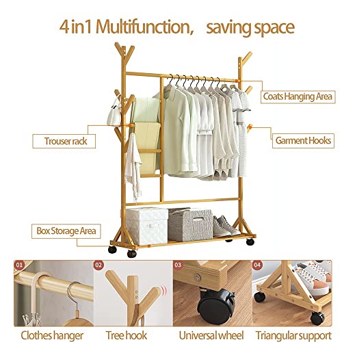 Clothes rack on wheels, bamboo coat rack, clothes rack with clothes rail and tree-shaped hooks, clothes rack with shelves, bamboo clothes rack fo