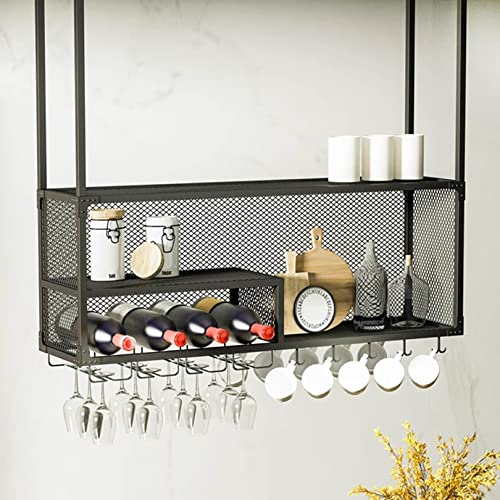Hanging Wine Rack with Glass Holder and Shelf, 2-Layer Industrial Hanging Wine Glass Rack Ceiling, Iron Bottle Holder Wine Shelf