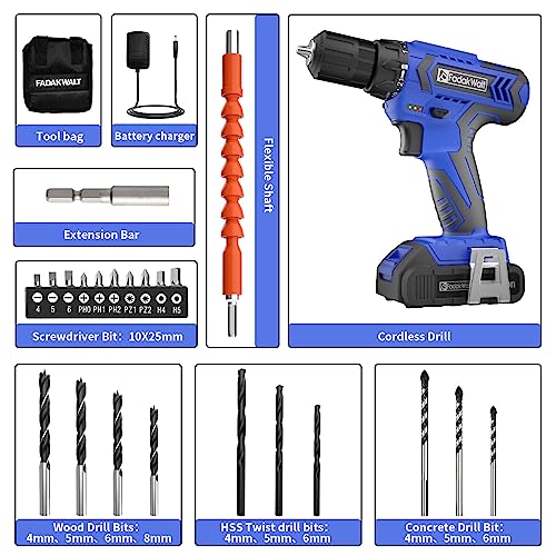 FADAWALT Power Cordless Drill Driver, 20V Cordless Drill and Screwdriver Set, Electric Combi Drill Kit 21+1 Torque, DIY Accessory Set, 2 Variable