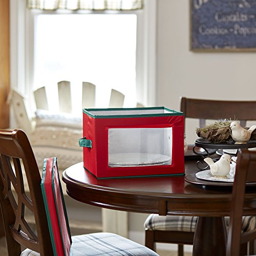 Household Essentials Dinner Plate Holiday Storage Chest,Red Canvas with Green Trim