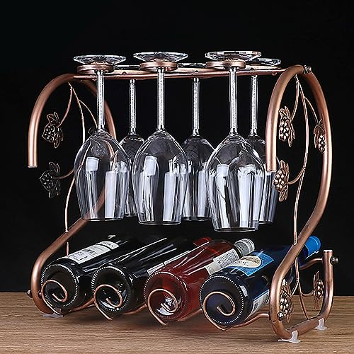 GAHOSG Countertop Wine Rack with Glass Holder Freestanding Tabletop Metal Wine Rack Storage, Holds 4 Bottles and 6 Stemware