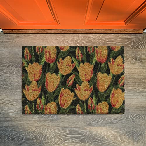 Relaxdays Doormat Coir Flower Tulips, 40 x 60 cm, Door Mat Inside & Outside, Non-Slip Wiper, Rectangular, Multicoloured