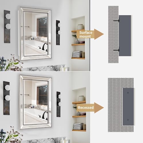 FOMAYKO Metro Beaded Retro Medicine Cabinet, Recess Mount 3 Adjustable Glass Shelves,Silver Frame, Installation Freedom with Door Swinging Left o