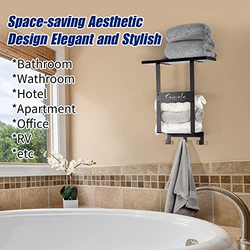 Lzziib Wall Mounted Towel Rack for Bathroom with Shelf, Towel Hanger Holder with 3 Hooks and Wooden Shelf, Metal Frame Decorative Towel Storage f