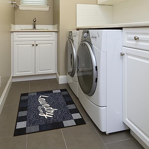 Ottomanson Laundry Collection Checkered Border Rubberback Mat, 67 cm x 90 cm, Black