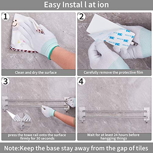 JS Towel Rail Self Adhesive Towel Holder Hanger SUS304 Stainless Steel Towel Rack 43.5cm/17.1 inch Anti-rust Dual Rod Towel Shelf Bar with 2 Hook