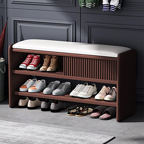 Modern Shoe Storage Bench,Wooden Entryway Bench with Leather Cushion,Upholstered Shoe Bench Shoe Cabinet Hallway Shoe Organizer Furniture-Brown-W