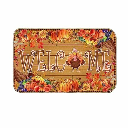 Thanksgiving Door Mat, Turkey Welcome Mats Outdoor for Front Door, Fall Pumpkins with Maple Leaves Non Slip Holiday Doormat Indoor Entryway Floor