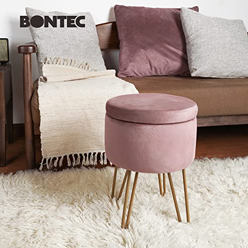 BONTEC Velvet Dressing Table Stool, Round Vanity Stool with Storange, Bedroom Ottoman Stool with Metal Legs for Home Living Room Fitting Room Bed