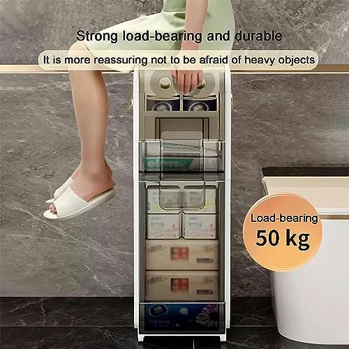 OPSREY 6.9" W Skinny Bathroom Storage Cabinet Shelf Toilet Crevice Storage 4 Tier Toilet Paper Holder Cabinet With Clear Drawers And Casters For