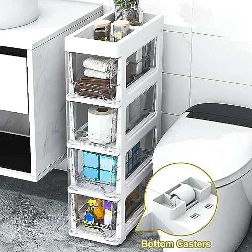 OPSREY Bathroom Floor Cabinet Storage Cabinet, 18cm(7inch) Freestanding Slim Toilet Paper Storage Cabinet with Clear Drawers and Casters Vertical