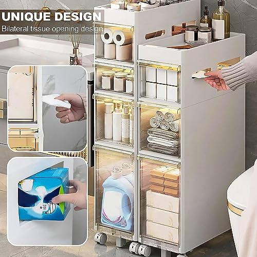 9''W Small Bathroom Storage Cabinet, 4 Tier Narrow Bathroom Floor Cabinet Large Capacity with Plastic Drawers and Casters Slim Toilet Paper Stora