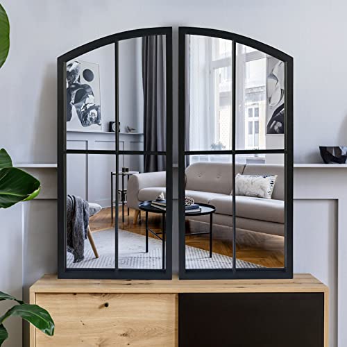 Black Arch Mirror,Window pane Mirror Wall Decor,Farmhouse Wall Mirror with Iron Frame,Wall Mounted Mirror for Entryway,Hallway,Living Room,Firepl