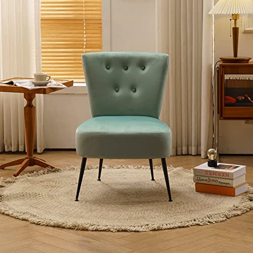LIUZH Velvet Fabric Upholstered Trundle Chair With Black Metal Legs Dining Room Living Room Bedroom, Light Blue