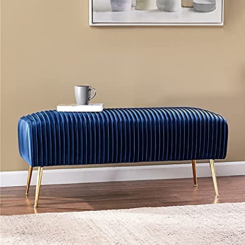 Luxurious Bedroom Bench,Velvet End Of Bed Bench Seat With Golden Legs,Comfy Upholstered Bench Entryway Bench Bed Bench-Blue 60X45X45Cm,Blue,100X4